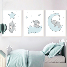 Elefante lua e estrelas berçário arte impressão da parede pintura em tela nordic cartazes desenhos animados quadros de parede crianças meninos quarto decoração 2024 - compre barato