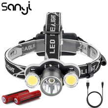 Sanyi lanterna de cabeça de led, 1 * t6 + 2 * cob, carregamento usb, 2*18650, bateria, 5 modos, farol na testa 2024 - compre barato