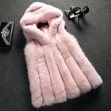 Colete de pele falsa de raposa, casaco com capuz vertical listrado, médio e longo, jaqueta feminina de inverno 2024 - compre barato