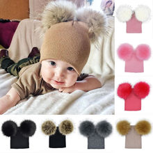 Two Fur Pompom Hat Baby Casual Winter Caps Knitted Wool Hats Skullies Beanies Girls Female Pom Pom Beanie Hat 2024 - buy cheap