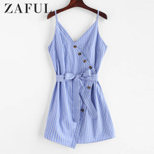 ZAFUL Buttoned Stripes Belted Mini Dress Spaghetti Strap Striped A-Line Dress Sleeveless Casual Sexy Summer Dress Women 2019 2024 - buy cheap