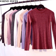 MIND FEET Shiny Sweater For Women Slim Long Sleeve O-Neck Pullover Autumn Basic High Elasticity Sweaters Sexy Knit Tops Femme 2024 - buy cheap