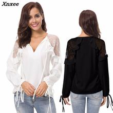 Summer white/black tops lace spliced long sleeve shirt sexy v-neck Chiffon blouse ruffle shoulder women clothes Plus size Xnxee 2024 - buy cheap