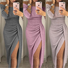 Dress 2019 New Fashion Elegant Off Shoulder Ruched Thigh Slit Dress Sexy Club Mid-Calf Wrist Sleeve Women Evening Party Dress 2024 - buy cheap