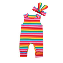 2pcs Newborn Toddler Baby Girls Bodysuit Jumpsuit Rainbow Stripe Print Clothes Baby Girl Clothes O-neck Fashion Sleeveless 2024 - buy cheap