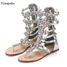 Hot sale Women Sandals 2019 Flip Flop Mid-Calf Flat Heels Gladiator Sandals Women Fashion Crystal Rhinestone Backle Strap boots 2024 - buy cheap