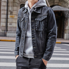 Весенняя джинсовая куртка мужская мода ретро сплошной цвет повседневные узкие джинсы куртка мужская уличная хип хоп куртка-бомбер мужская одежда 2024 - купить недорого