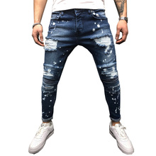 Мужские джинсы стрейч, рваные джинсы с эффектом потертости, на молнии, зауженные джинсы для мужчин 2024 - купить недорого