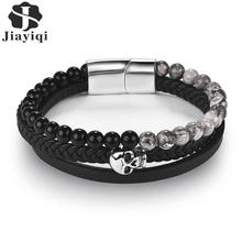 Jiayiqi Punk Men Skull Braid Bracelet Multilayer Leather Natural Stone Beaded Bangle Stainless Steel Magnetic Clasp Male Jewelry 2024 - buy cheap