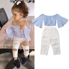 Kawgeett conjunto de roupa infantil, de verão, 2 peças, crianças, bebê, meninas, listrado, blusa + calças brancas rasgadas, roupas da moda 2024 - compre barato
