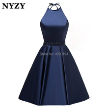 Женское атласное платье-корсет NYZY P53, короткое платье для выпускного вечера с бретелькой через шею, темно-синее коктейльное платье с кристаллами для вечеринки, 2019 2024 - купить недорого