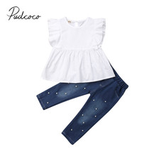 2019 Brand New Toddler Kid Baby Girl Summer Casual 2PCS Sets Ruffles Sleeve White T-Shirts Tops+Beadings Pearl Denim Pants 2-7Y 2024 - купить недорого