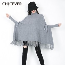 CHICEVER Autumn Winter Knitted Sweater Tops Female Turtleneck Batwing Sleeve Loose Hem Tassel Bow Bandage Pullovers Fashion Tide 2024 - buy cheap