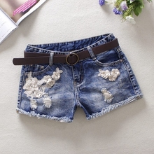 Shorts feminino de cintura média, jeans, sexy, com renda floral, cowboy, para verão, 2019 2024 - compre barato