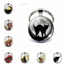 Gothic Full Moon Black Cat Keychain Cat Lovers Keyring Cat with Broom Witch Vintage Kitten Jewerly Glass Cabochon Key Chain Ring 2024 - buy cheap