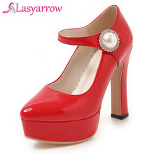 Lasyarrow sapatos de dedo redondo de couro feminino, sapatos de salto alto plataforma, mulheres, sapatos de casamento feminino 2024 - compre barato