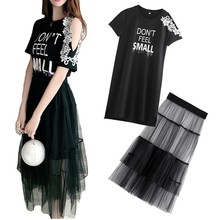 2 Piece Set Summer Women Lace Hollow Out Shoulder Cotton T-shirt Dress +Mesh See Through Skirt Suits Letter Print Sweet Sundress 2024 - buy cheap