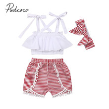 2019 Baby Summer Clothing 1-5Y Toddler Kid Baby Girl Clothes Sets Sleeveless Ruffle Tops Plaid Shorts Headband 3PCS Outfits Set 2024 - buy cheap