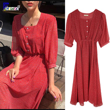 Women Summer Dresses Vintage Korean Style Design Clothes Half Sleeve Red A Line Slim Waist Polka Dot Button Shirt Dress 2024 - buy cheap