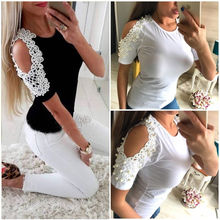 Sexy T-shirts Women Short Sleeve O-neck Shoulder Hole Beaded Beads Top Casual Cotton Loose Shirt 2024 - buy cheap