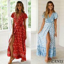 Vintage Summer Women Dress High Split Casual Print Floral V-Neck Boho Long Maxi Beach Holiday Sundress 2024 - buy cheap