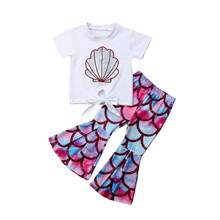 Conjunto de verão 2019 roupa de proteção para bebês crianças meninas camiseta colorida escala de peixe calças flare roupas de verão 2024 - compre barato