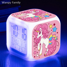 Симпатичный Единорог Пони Будильник 7 цветов светящийся светодиодный цифровой будильник для детей подарок на день рождения многофункциональные часы со вспышкой часы 2024 - купить недорого