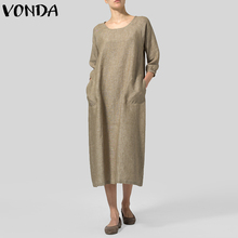 Женское длинное платье осень 2019, VONDA, с круглым вырезом, с коротким рукавом, однотонные хлопковые платья, элегантные, сексуальные, повседневные, свободные, Vestidos, большие размеры 2024 - купить недорого