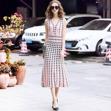 2020 Spring Summer Knitted Dress Women Plaid O-neck Short Sleeve A Line Dress Office Ladies Knitted Dress Elegant robe femme 2024 - buy cheap