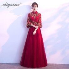 Китайское кружевное платье Qipao, винтажное платье подружки невесты, красное платье с роговым рукавом, традиционное вечернее платье Qipao, 2019 2024 - купить недорого