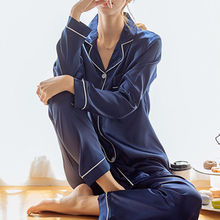 Pijama feminino cetim seda manga comprida, conjunto camiseta calça comprida 2024 - compre barato