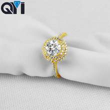 QYI 1 ct corte redondo 14K oro amarillo sólido Halo anillos mujeres Sona diamante simulado anillo de compromiso joyería de boda 2024 - compra barato