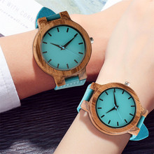 Reloj de Madera azul minimalista para hombres y mujeres, pulsera de cuero genuino, de cuarzo, elegante, el mejor regalo para enamorados 2024 - compra barato