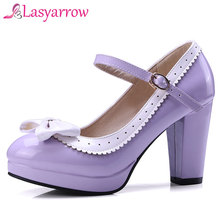 Lasyarrow Plus Size Women Patent Leather Block High Heel Shoes Woman Bowknot Pumps Retro Lady Platform Daily Work Dress Footwear 2024 - buy cheap