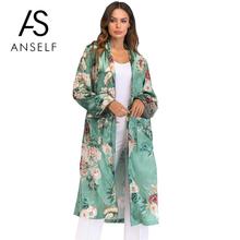 Casaco kimono feminino retrô com estampa floral, clássico gola com lapela, manga comprida, blusa solta com xale 2024 - compre barato