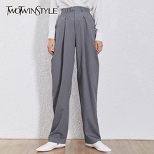 TWOTWINSTYLE-Pantalones coreanos lisos para mujer, Pantalón recto de cintura alta con cremallera, talla grande, ropa de moda, tendencia de verano, 2020 2024 - compra barato