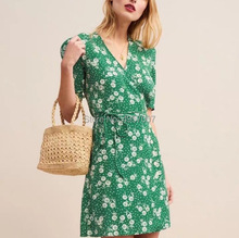 Top Version Green Wrap V Neck Short Sleeve Short Mini Dress Wasit With Ties - 2019ss Elfbop Ladies Casual Fashion Dress 2024 - buy cheap