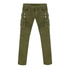 Джинсы мужские узкие эластичные потертые, Подиумные байкерские однотонные джинсы-карандаш из денима, на молнии, с карманами, зеленые, черные, хип-хоп моющийся 2024 - купить недорого