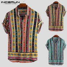 INCERUN/Мужская рубашка с принтом в этническом стиле, с коротким рукавом, с отворотом, свободная уличная одежда, повседневные топы 2020, тропическая гавайская рубашка для мужчин 5XL 2024 - купить недорого