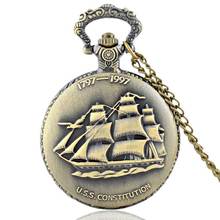 IBEINA Steampunk Full Hunter Quartz Engraved Fob Retro Pendant Pocket Watch Chain Gift USS Constitution Theme 2024 - buy cheap