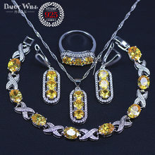 Conjuntos de joias cor de prata para mulheres, joias amarelo zircônia cúbica colar pingente brinco pulseira bracelete caixa de presente 2024 - compre barato