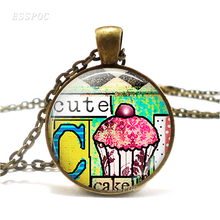 Cute Cupcake Collage Necklace Pendant Initial C Literary Bronze Chain Glass Jewelry Cute Photo Necklace 2024 - buy cheap