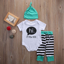 Conjunto de roupas infantis estampadas para recém-nascidos, kit de 3 peças com macacão, calça longa listrada e chapéu para meninos e meninas 2019 2024 - compre barato