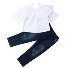 Emmaaby/комплект из 2 предметов, элегантная однотонная блузка для маленьких девочек комплект одежды: Топ + рваные джинсовые штаны, рост 80-130 см 2024 - купить недорого