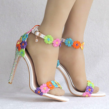 Girl's Fresh Spring Colorful Flowers Cover Heels Sandals Ankle Strap Open Toe Bling Crystal Drilled High Heels Wedding Sandals 2024 - buy cheap