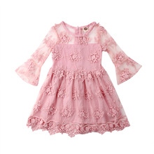 Pink Toddler Kids Baby Girl Flare Long Sleeve Lace Floral Tutu Princess Girls Formal Pageant Party Dress 2024 - купить недорого