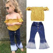 Citgeett verão 2 pçs criança do bebê meninas fora do ombro amarelo topos denim longo alargamento calças jeans outfits moda conjunto roupas 2024 - compre barato