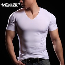 Camiseta modal masculina de manga curta, blusa de seda gelo elástica com decote em v profundo sexy verão 2024 - compre barato