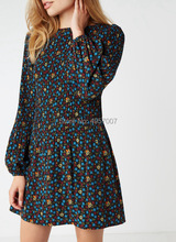 Stylish Boat Neck Floral Print Short Mini Woven Dress With Long Sleeves & Elasticated Cuffs - 2019ss Black Pleated Dress 2024 - buy cheap
