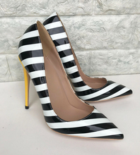 Sexy Black and White Stripe Patent Leather Pumps Women Low Cut Striped Yellow High Heels Stilettos Pointed toe Party Shoes 2024 - buy cheap